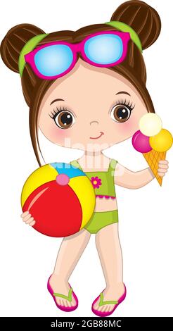 Cute Little Brunette Girl Wearing Swimsuit Holding Beach Ball and Ice Cream  Stock Vector Image & Art - Alamy