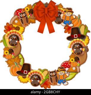 Thanksgiving wreath with gingerbread cookies and red bow Stock Vector