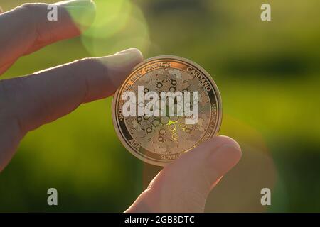 Cardano ADA cryptocurrency physical coin held between the fingers in front of natural sun flares against the lens. Stock Photo