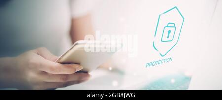 Digital network and cyber security for safe and privacy about data, businesswoman using laptop computer while display futuristic virtual lock login fo Stock Photo