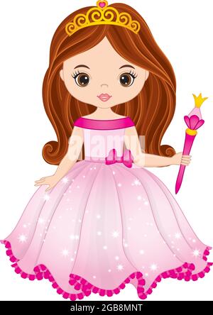 Vector Beautiful Princess Wearing Pink Dress and Tiara and Holding Magic Wand. Vector Princess Stock Vector