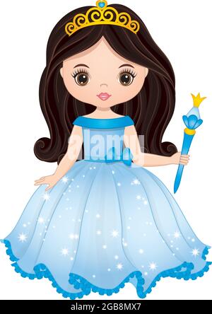 Beautiful Dark-Haired Princess Wearing Long Blue Dress and Holding Magic Wand. Vector Princess Stock Vector