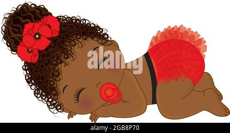 African American Baby Girl Wearing Floral Poppy Bow and Ruffled Diaper. Vector Black Baby Girl with Pacifier Stock Vector