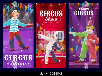 Shapito circus clowns, jesters and harlequin characters. Cartoon vector artists or performers on big top arena. Funsters in bright costumes perform on Stock Vector
