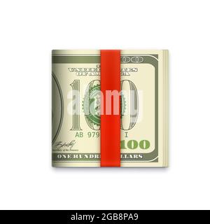 Cash money roll icon, USA dollars paper banknotes in wallet clip, vector. Dollars roll in red ribbon band, US banknotes bundle or pocket stack, salary Stock Vector