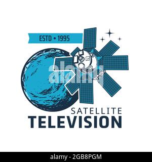 Television satellite icon, vector near earth shuttle with telecommunication antennas and solar panels in space with planet. Tv signal transmission spa Stock Vector