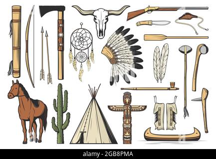 Native American icons with vector tribal indian arrows, feathers and dream catcher, buffalo skull and tepee. Isolated headdress of aztec tribe chief, Stock Vector