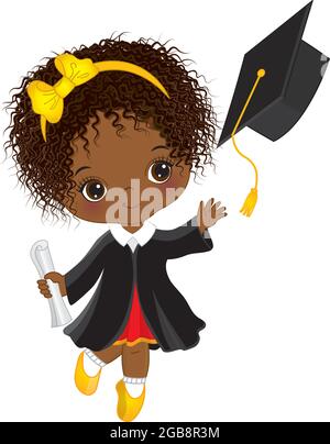 Vector Graduation Cute Little Black Girl Holding Diploma. Vector Graduation Girl Stock Vector