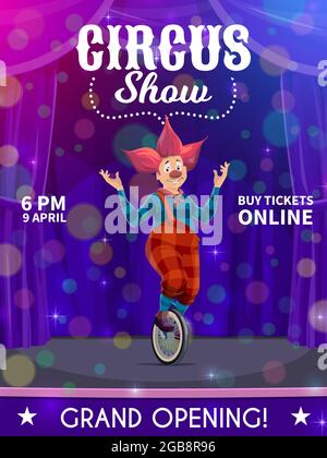 Shapito circus poster, cartoon clown character. Vector flyer with ...