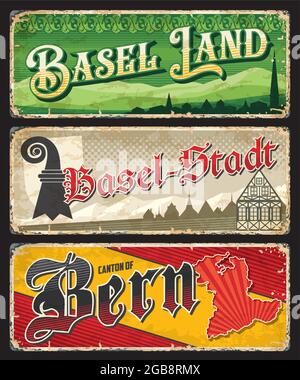 Basel Land, Basel-Stadt and Bern Swiss cantons plates. Vector vintage banners with Switzerland travel touristic landmarks, architecture, map and mount Stock Vector