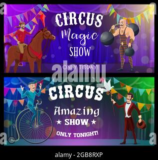 Shapito circus cartoon juggler, magician and stilt walker, vector funfair carnival show. Circus carnival and funfair show performance of strongman, il Stock Vector