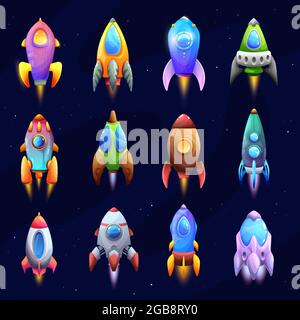 Cartoon spacecraft, rockets and spaceships. Vector space ships, fantasy vehicles with jet engine, portholes and wings for travel in outer space. Futur Stock Vector