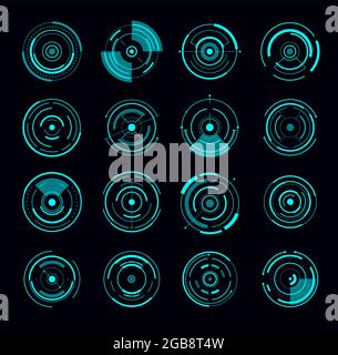 HUD interface round radar futuristic circle. Game interface elements, future or Sci Fi weapon electronic sights designs set, vector infographics circl Stock Vector