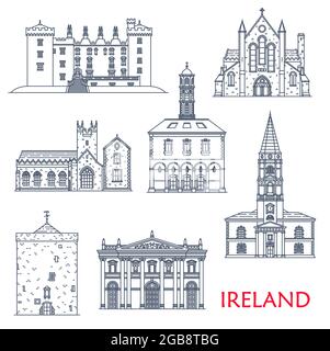 Ireland architecture landmarks and buildings, travel sightseeing vector icons. Munster Saint Trinity church, St Canice Cathedral, Black Abbey and Kilk Stock Vector