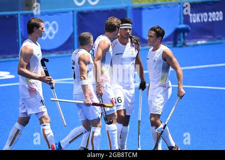 Belgium's Alexander Hendrickx celebrates after scoring during a semi-final hockey match between Belgium's Red Lions and India, in the men's field hock Stock Photo