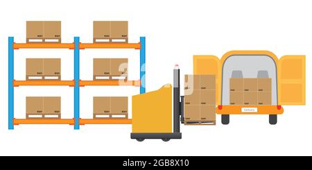 AGV Automated Guided Vehicles forklift loading goods to delivery truck. Vector and illustration design. Stock Vector
