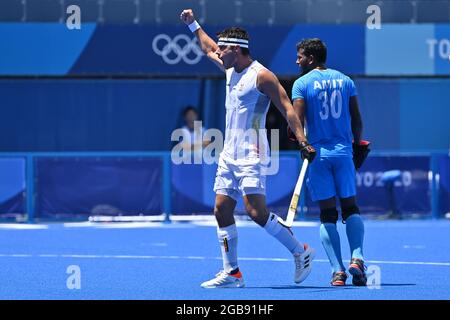 Belgium's Alexander Hendrickx celebrates after scoring during a semi-final hockey match between Belgium's Red Lions and India, in the men's field hock Stock Photo