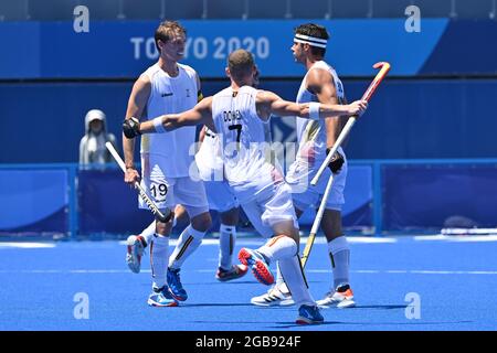 Belgium's Alexander Hendrickx celebrates after scoring during a semi-final hockey match between Belgium's Red Lions and India, in the men's field hock Stock Photo