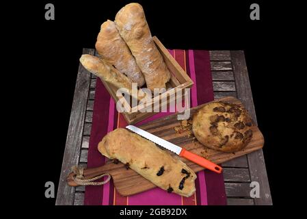 Different types of bread on a table, Germany Stock Photo