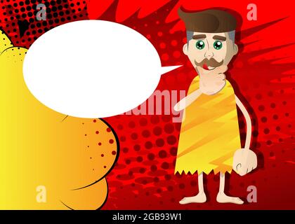 Cartoon prehistoric man thinking. Holding his chin with his hand. Vector illustration of a man from the stone age. Stock Vector