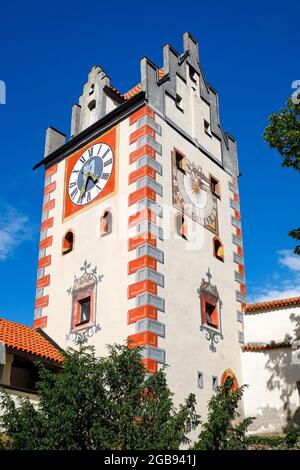 High Castle, Gate Tower also Clock Tower, Fuessen, Romantic Road, Ostallgaeu, Bavaria, Germany Stock Photo