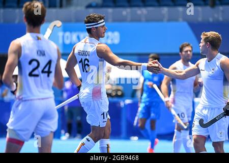 Belgium's Alexander Hendrickx celebrates after scoring during a semi-final hockey match between Belgium's Red Lions and India, in the men's field hock Stock Photo