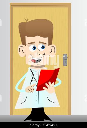Funny cartoon doctor reading and pointing at an opened book. Vector illustration. Health care teacher, educator. Stock Vector
