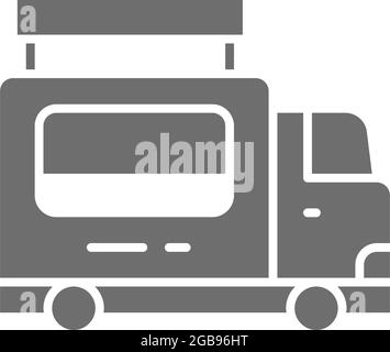 Catering food trailer, fast food truck gray icon. Stock Vector