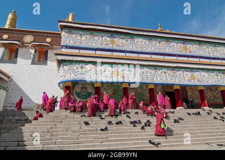 Tibetan monks in robes of the Gelukpa order sitting on the steps in front of the assembly hall, Tibetan Dukhang, of Labrang Monastery, Xiahe, Gansu Stock Photo