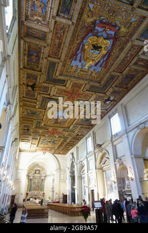 Wooden coffered ceiling of the Basilica of San Sebastiano fuori le mura on the Via Appia Antica, Rome, Lazio, Italy Stock Photo