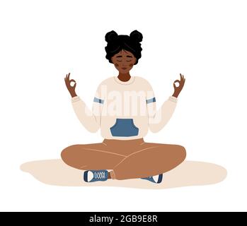 Breath awareness yoga exercise. African woman practicing belly breathing for relaxation. Meditation for body, mind and emotions. Spiritual practice Stock Vector