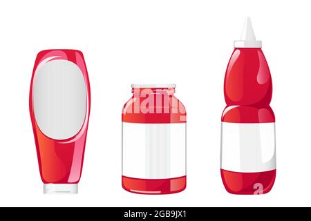 Tomato ketchup bottle. Red sauce container with white label isolated on whie background. Vector illustration in cartoon flat style. Stock Vector