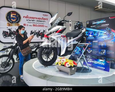 KANCHANABURI, THAILAND -JUNE 10, 2021 : Special discounted new Yamaha motorcycles and accessories for sale at Yamaha motorcycle shop in Tha Muang dist Stock Photo