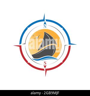 Vector icon with a sailboat and a compass for a logo, sticker or brand, for websites and applications and creative design. Flat style Stock Vector