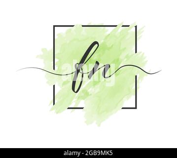 calligraphic lowercase letters F and N are written in a solid line on a colored background in a frame. Simple Style Stock Vector