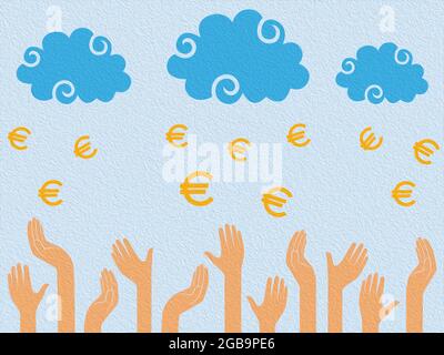 Euro Money falling from the clouds in the human hands, stylised conceptual colorful illustration Stock Photo