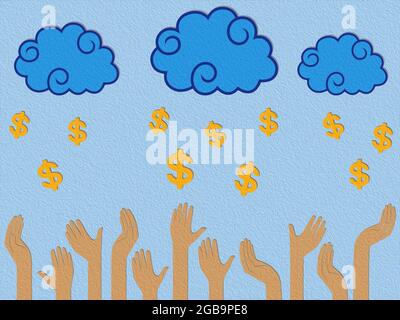 Dollar Money falling from the clouds in the human hands, stylised conceptual colourful illustration Stock Photo