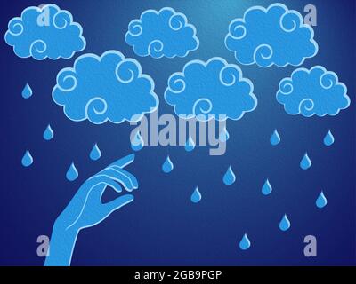 Human hand touching a rain droplets, stylised conceptual colorful illustration Stock Photo