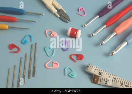 knitting kit on a blue background Stock Photo