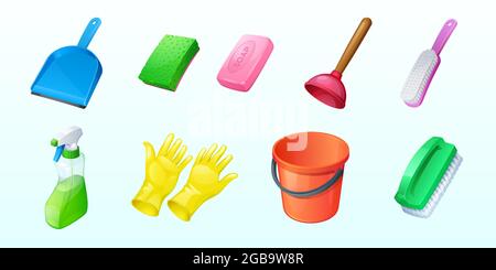 Cleaning icons with bucket, sponge and spray Stock Vector
