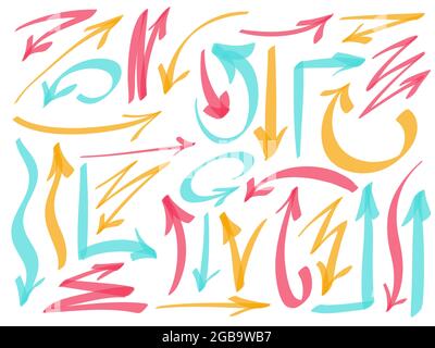 Vector hightlighter elements. Bright yellow pink blue hand drawn arrows isolated on white beckground Stock Vector