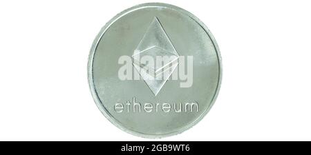 Ethereum cryptocurrency isolated on white background - photo of Ethereum crypto currency physical silver coin. Symbol icon of the crypto coin Stock Photo