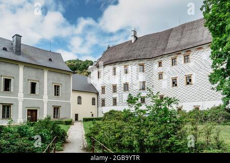 Velke Losiny Castle in Czech spa town,East Bohemia,Jeseniky Mountains, Czech Republic.Romantic Renaissance chateau with sgraffito decoration Stock Photo