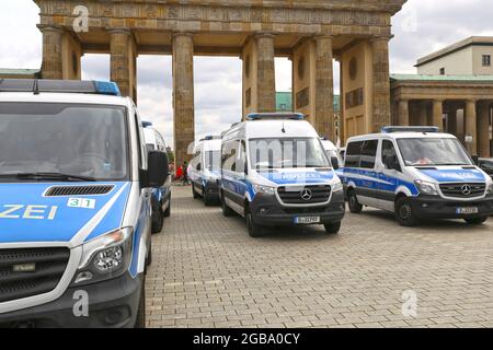 Berlin August 01, 2021: The planned Corona-demonstration for peace and freedom against the federal government's corona measures was banned. The Brande Stock Photo