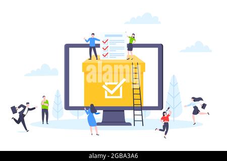 Online voting concept flat style design vector illustration. Tiny people with voting poll online survey working together. Stock Vector