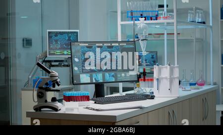 Close-up of empty labware on a white table background in a chemical ...
