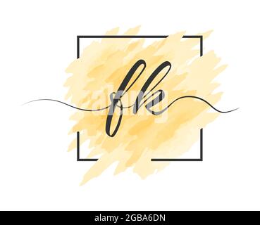 calligraphic lowercase letters F and K are written in a solid line on a colored background in a frame. Simple Style Stock Vector