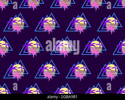 80s sunset with palm trees seamless pattern. Retro futuristic sun. Synthwave and retrowave style. Design for advertising brochures, banner and print. Stock Vector