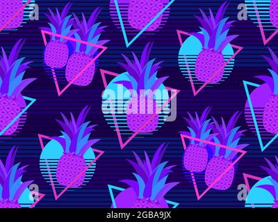 Pineapples and sunset 80s style seamless pattern. Synthwave and retrowave style. Retro futuristic sun. Design for advertising brochures, banner and pr Stock Vector