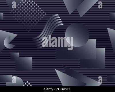 Geometric seamless pattern in 80s style with memphis shapes. Black and white gradient. Synthwave and retrowave style. Design for advertising brochures Stock Vector